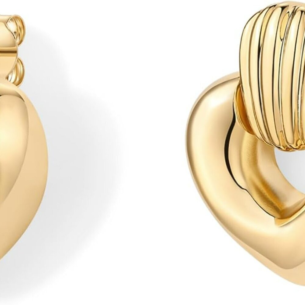 14K Gold Plated Chunky Dangle Door Knocker Earrings for Women | Trendy Geometric - Picture 2 of 5